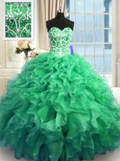 Top Selling Floor Length Turquoise Quinceanera Gowns Organza Sleeveless Beading and Ruffles