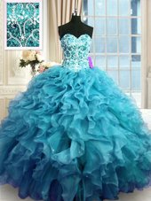 Chic Teal Sleeveless Floor Length Beading and Ruffles Lace Up 15th Birthday Dress