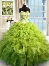Luxurious Olive Green Vestidos de Quinceanera Military Ball and Sweet 16 and Quinceanera and For with Beading and Ruffles Sweetheart Sleeveless Lace Up
