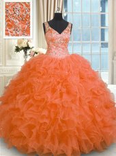 Great Orange Zipper Quinceanera Gowns Beading and Ruffles Sleeveless Floor Length