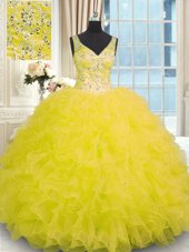 Sleeveless Floor Length Beading and Ruffles Zipper 15 Quinceanera Dress with Yellow