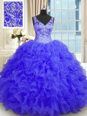 Sexy Beading and Ruffles Ball Gown Prom Dress Purple Zipper Sleeveless Floor Length