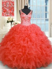 Customized Floor Length Coral Red Quinceanera Gown Organza Sleeveless Beading and Ruffles