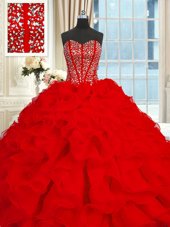 Enchanting Organza Sweetheart Sleeveless Brush Train Lace Up Beading and Ruffles Quinceanera Gown in Red