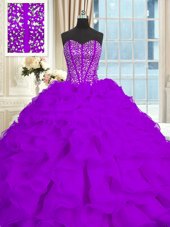 Exceptional Eggplant Purple Sweetheart Lace Up Beading and Ruffles Quinceanera Dresses Brush Train Sleeveless