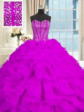 Sumptuous Purple Sleeveless Brush Train Beading and Ruffles With Train Quinceanera Dress