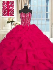 Fancy Fuchsia Ball Gowns Sweetheart Sleeveless Organza Brush Train Lace Up Beading and Ruffles Quinceanera Dresses
