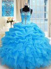 Super Baby Blue Ball Gowns Straps Sleeveless Organza Floor Length Zipper Beading Quinceanera Dress