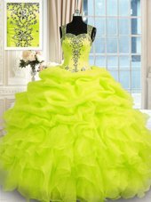 Pretty Floor Length Yellow Green Quinceanera Dresses Organza Sleeveless Beading and Ruffles