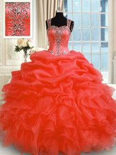 Fantastic Organza Straps Sleeveless Zipper Beading and Ruffles Sweet 16 Dresses in Orange Red