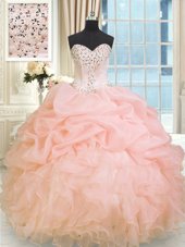 Lovely Peach Sleeveless Floor Length Beading and Ruffles Lace Up Sweet 16 Quinceanera Dress