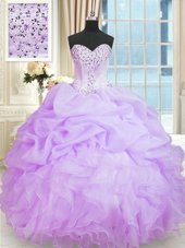 Charming Organza Sweetheart Sleeveless Lace Up Beading and Ruffles Quinceanera Dresses in Lavender