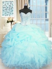 Flirting Light Blue Sleeveless Beading and Ruffles and Pick Ups Floor Length 15th Birthday Dress