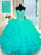 Glamorous Turquoise Sleeveless Floor Length Beading and Ruffled Layers Lace Up Sweet 16 Quinceanera Dress