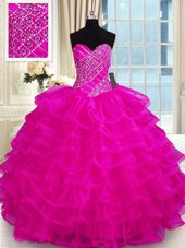 Pretty Ruffled Fuchsia Sleeveless Organza Lace Up Vestidos de Quinceanera for Military Ball and Sweet 16 and Quinceanera