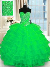 Clearance Ruffled Sweetheart Sleeveless Lace Up Ball Gown Prom Dress Green Organza