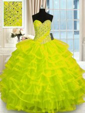 Luxurious Yellow Green Lace Up Ball Gown Prom Dress Beading and Ruffled Layers Sleeveless Floor Length