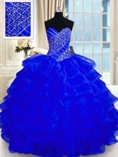 Romantic Sweetheart Sleeveless Quince Ball Gowns Floor Length Beading and Ruffled Layers Royal Blue Organza