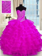 Ruffled Ball Gowns Quinceanera Gowns Fuchsia Sweetheart Organza Sleeveless Floor Length Lace Up