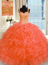 Customized Orange Ball Gowns Organza Straps Sleeveless Embroidery and Ruffles Floor Length Lace Up Quinceanera Dresses