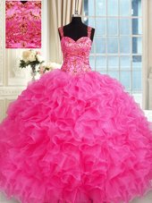 Flare Hot Pink Lace Up 15 Quinceanera Dress Embroidery and Ruffles Sleeveless Floor Length