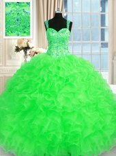 Organza Straps Sleeveless Lace Up Beading and Embroidery and Ruffles Quince Ball Gowns in