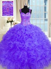 Latest Organza Straps Long Sleeves Lace Up Beading and Embroidery and Ruffles Sweet 16 Quinceanera Dress in Purple