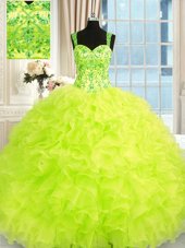 Elegant Yellow Green Ball Gowns Straps Sleeveless Organza Floor Length Lace Up Beading and Embroidery and Ruffles 15th Birthday Dress
