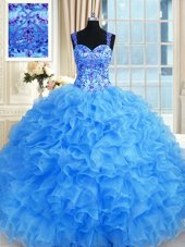 Smart Baby Blue Quince Ball Gowns Military Ball and Sweet 16 and Quinceanera and For with Beading and Embroidery and Ruffles Sweetheart Sleeveless Lace Up