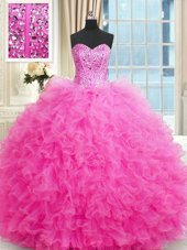 Superior Sweetheart Sleeveless Quinceanera Gown Floor Length Beading and Ruffles Hot Pink Tulle