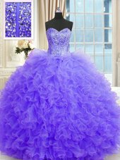 Top Selling Tulle Strapless Sleeveless Lace Up Beading and Ruffles Quinceanera Dresses in Lavender