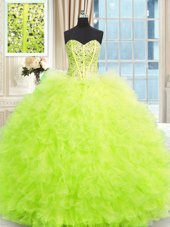 Glorious Yellow Green Ball Gowns Beading and Ruffles Quinceanera Gown Lace Up Tulle Sleeveless Floor Length