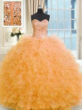 Excellent Sleeveless Floor Length Beading and Ruffles Lace Up Sweet 16 Dress with Orange