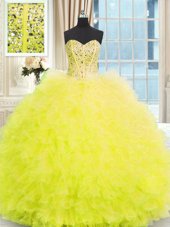 Deluxe Light Yellow Sleeveless Tulle Lace Up Ball Gown Prom Dress for Military Ball and Sweet 16 and Quinceanera