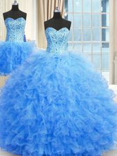 New Style Three Piece Floor Length Ball Gowns Sleeveless Baby Blue Sweet 16 Dresses Lace Up