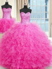 Graceful Three Piece Floor Length Ball Gowns Sleeveless Rose Pink Quinceanera Gown Lace Up