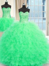 Glorious Three Piece Apple Green Tulle Lace Up Strapless Sleeveless Floor Length 15 Quinceanera Dress Beading and Ruffles