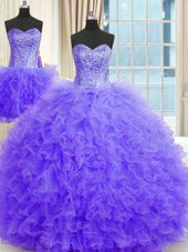Best Three Piece Sleeveless Tulle Floor Length Lace Up Quince Ball Gowns in Lavender for with Beading and Ruffles