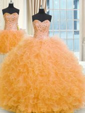 Fashionable Three Piece Floor Length Ball Gowns Sleeveless Orange Quinceanera Gowns Lace Up