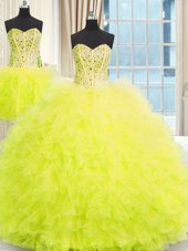 Three Piece Yellow Tulle Lace Up Quinceanera Gown Sleeveless Floor Length Beading and Ruffles