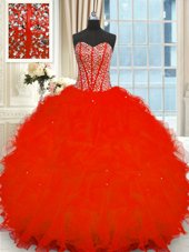 Sleeveless Organza Floor Length Lace Up 15 Quinceanera Dress in Red for with Beading and Ruffles