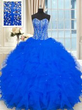 Graceful Strapless Sleeveless Lace Up Sweet 16 Dresses Royal Blue Organza