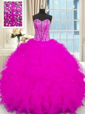 Clearance Ball Gowns Quinceanera Dresses Fuchsia Strapless Organza Sleeveless Floor Length Lace Up