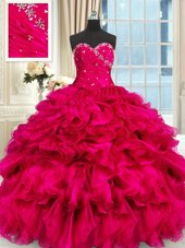 Cute Floor Length Lace Up Sweet 16 Dress Hot Pink and In for Military Ball and Sweet 16 and Quinceanera with Beading and Ruffles