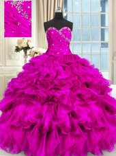 Gorgeous Fuchsia Sleeveless High Low Beading and Ruffles Lace Up Quince Ball Gowns