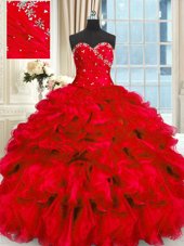 Traditional Floor Length Lace Up Quinceanera Gown Red and In for Military Ball and Sweet 16 and Quinceanera with Beading and Ruffles