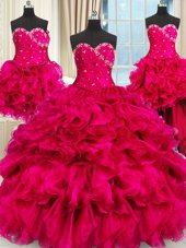Latest Four Piece Sweetheart Sleeveless Vestidos de Quinceanera Floor Length Beading and Ruffles and Ruching Hot Pink Organza