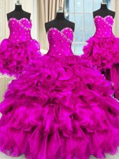 Admirable Four Piece Floor Length Lace Up 15 Quinceanera Dress Fuchsia and In for Military Ball and Sweet 16 and Quinceanera with Beading and Ruffles and Ruching