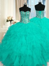 Glittering Sleeveless Floor Length Beading and Ruffles Lace Up Sweet 16 Dresses with Aqua Blue