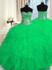 Discount Turquoise Ball Gowns Beading and Ruffles Quince Ball Gowns Lace Up Organza Sleeveless Floor Length